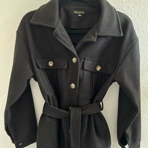 Black felted wool feel Shacket belted warm cozy poplin oversized shirt jacket